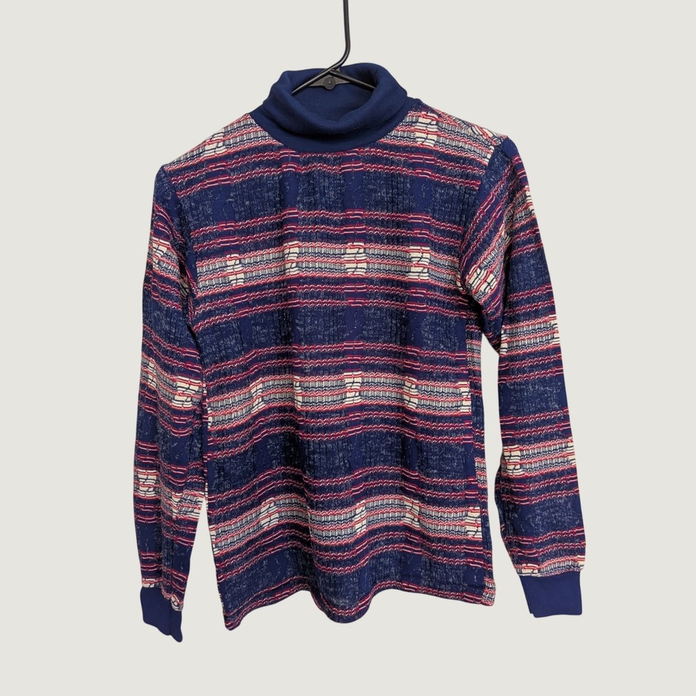 Vintage 60s/70s Fairmont Knits Navy Red Textured Stripe Turtleneck Sweater Small